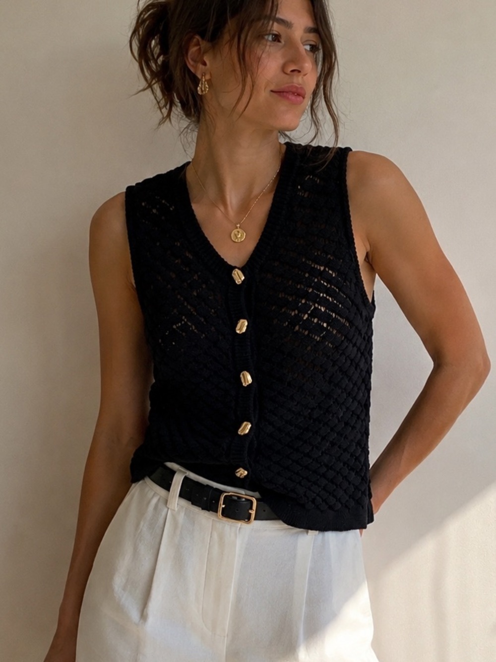 Joie Black Open-Knit Cotton Gold Button Sweater Vest | M